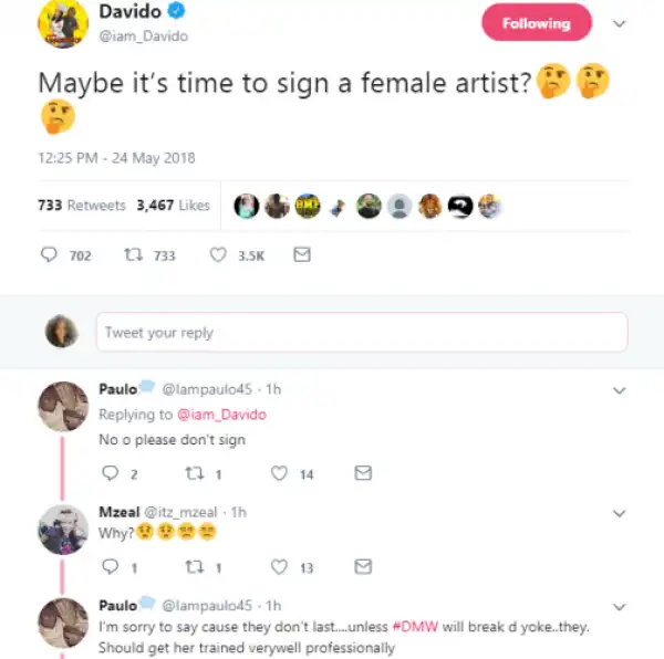 ‘Its Time to Sign a Female Artist’- Davido as he Rants on Twitter